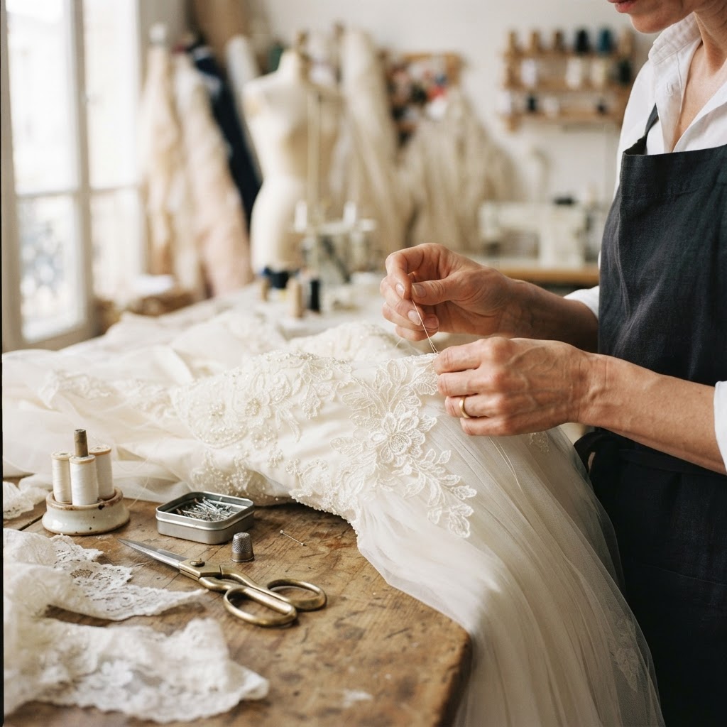 Seamstress hand-stitching lace on a wedding gown