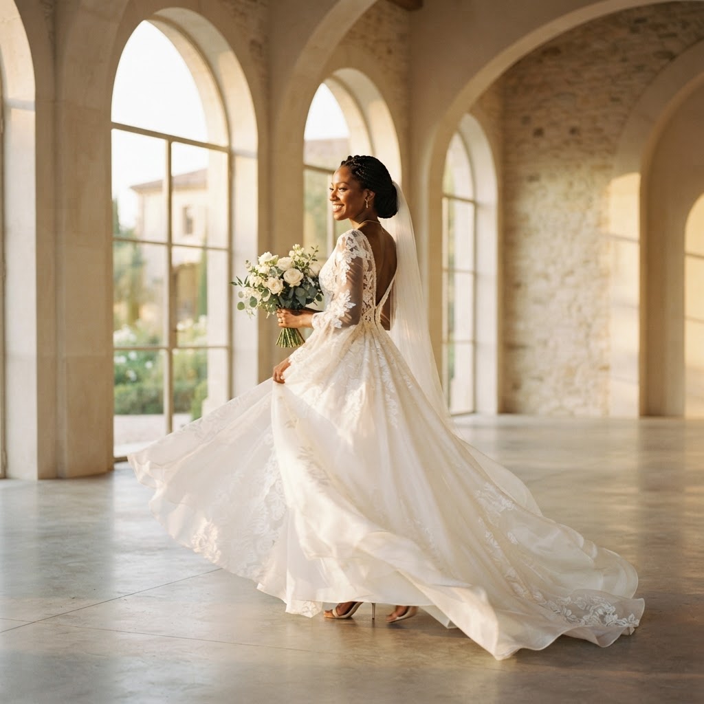 Black bride in elegant flowing white wedding gown in a luxurious architectural interior