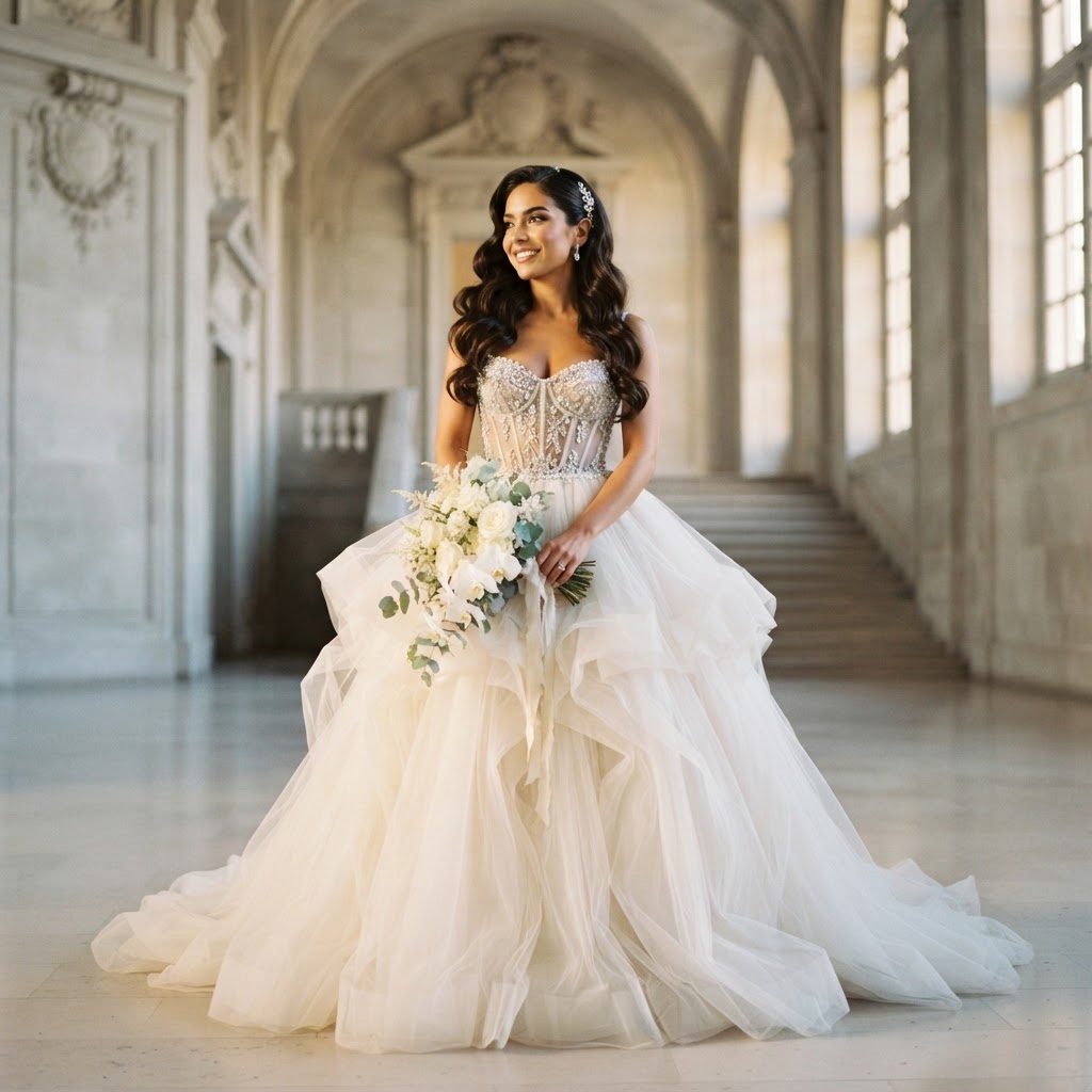 Latina bride in regal ball gown wedding dress with crystal embellishments