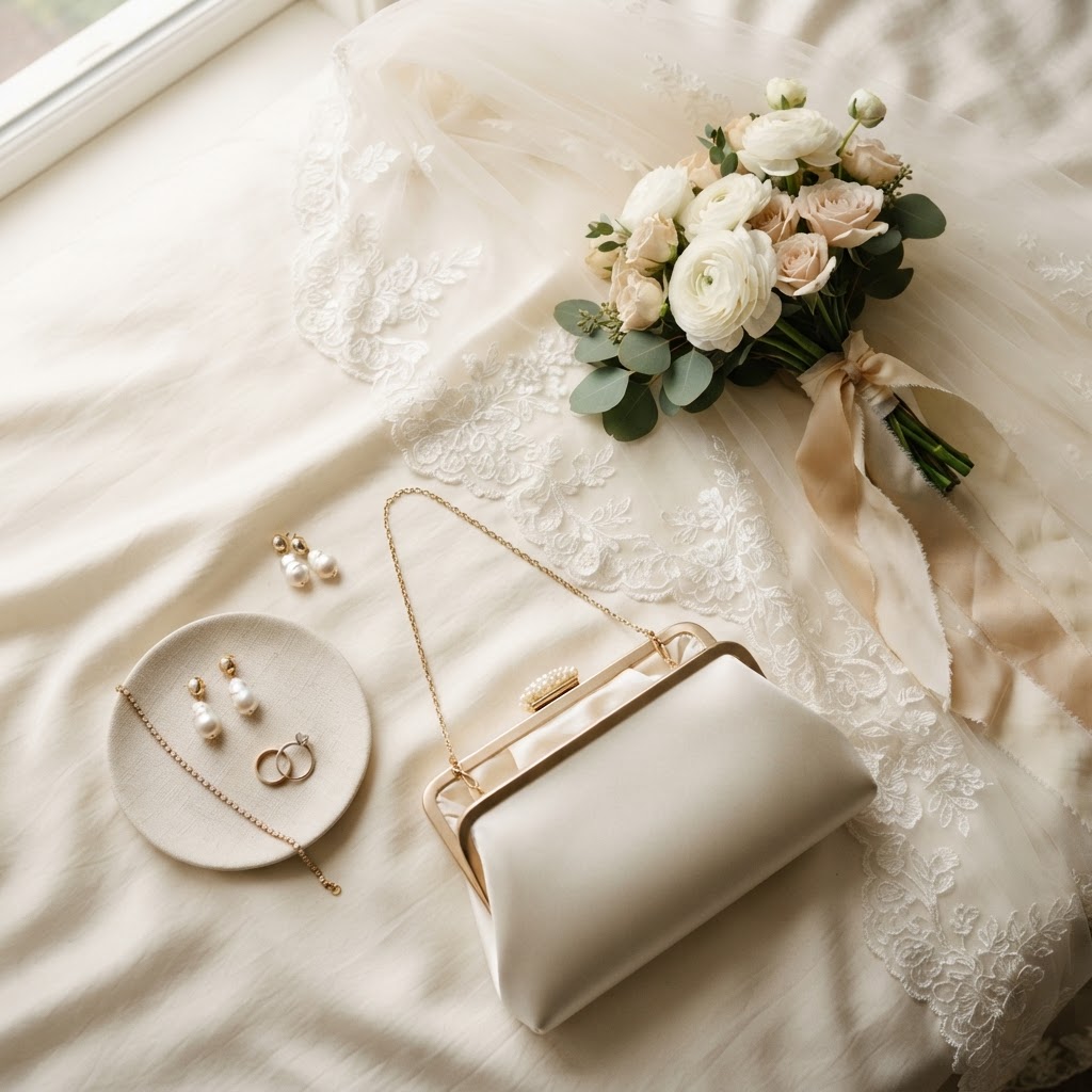 Bridal accessories flat lay with veil and jewelry