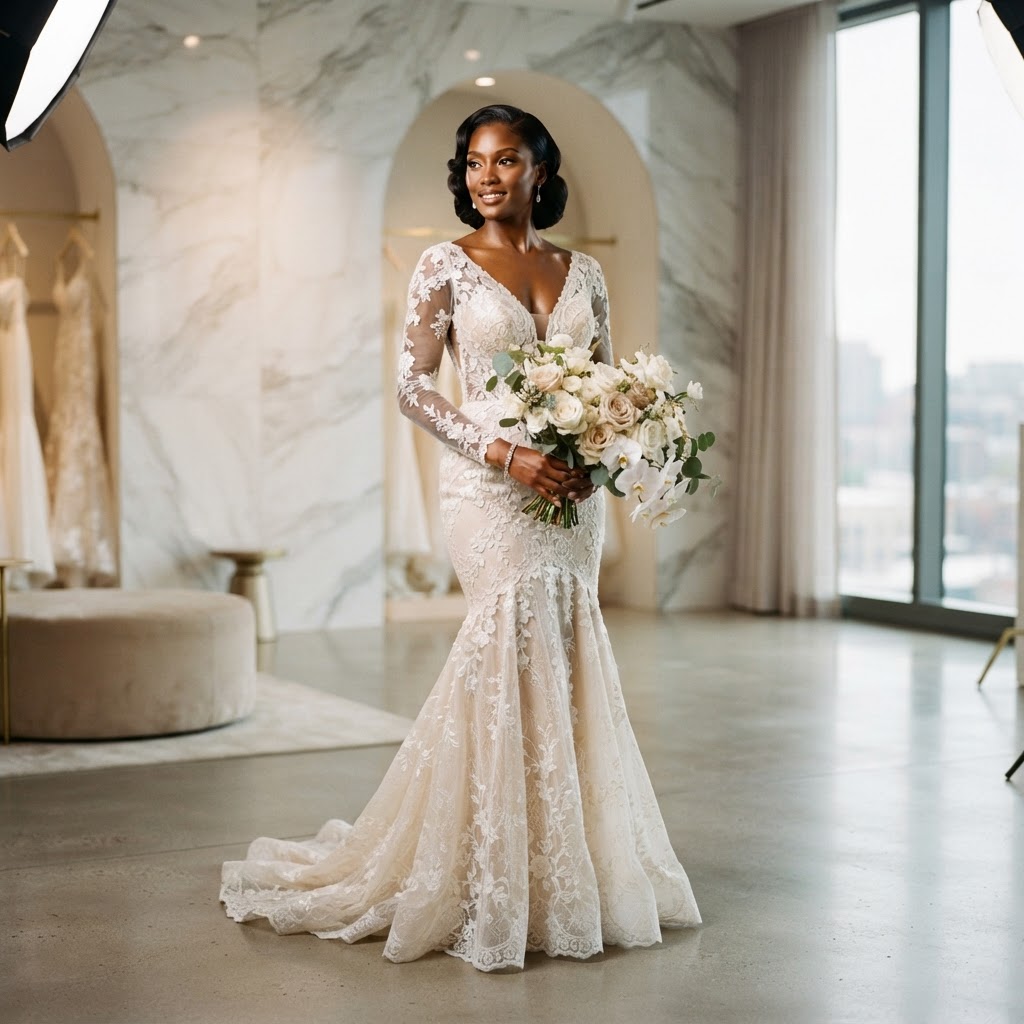 Black bride in minimalist mermaid-fit wedding gown with intricate lace overlay