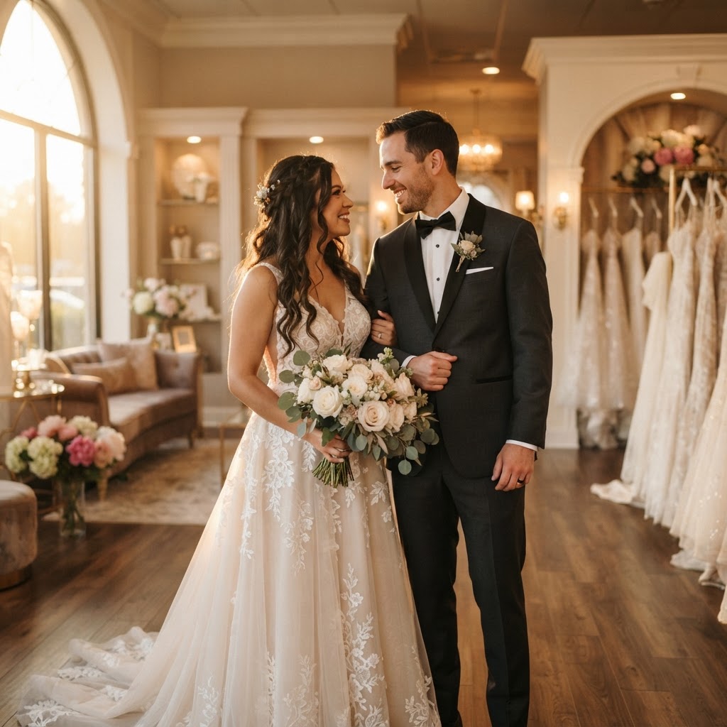 Bride and groom together in a luxury boutique setting