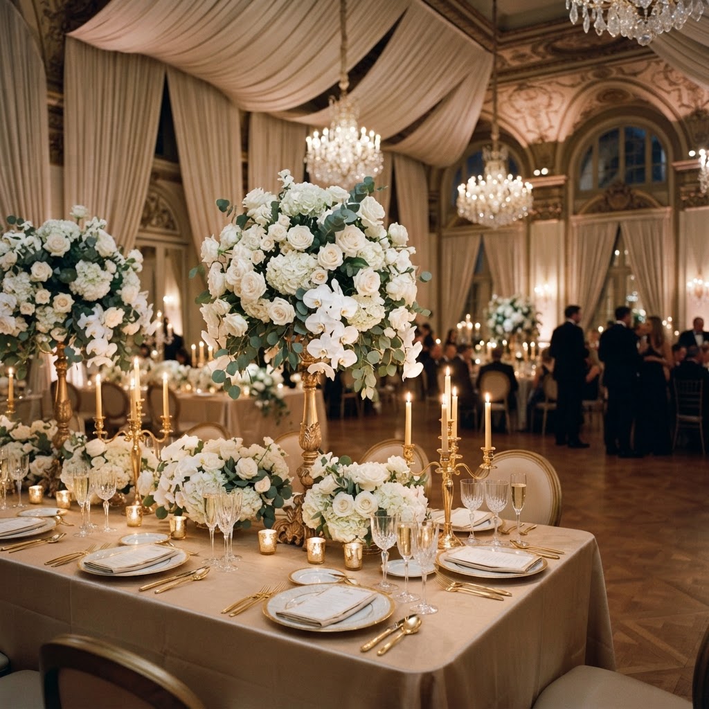 Elegant wedding reception with floral centerpieces