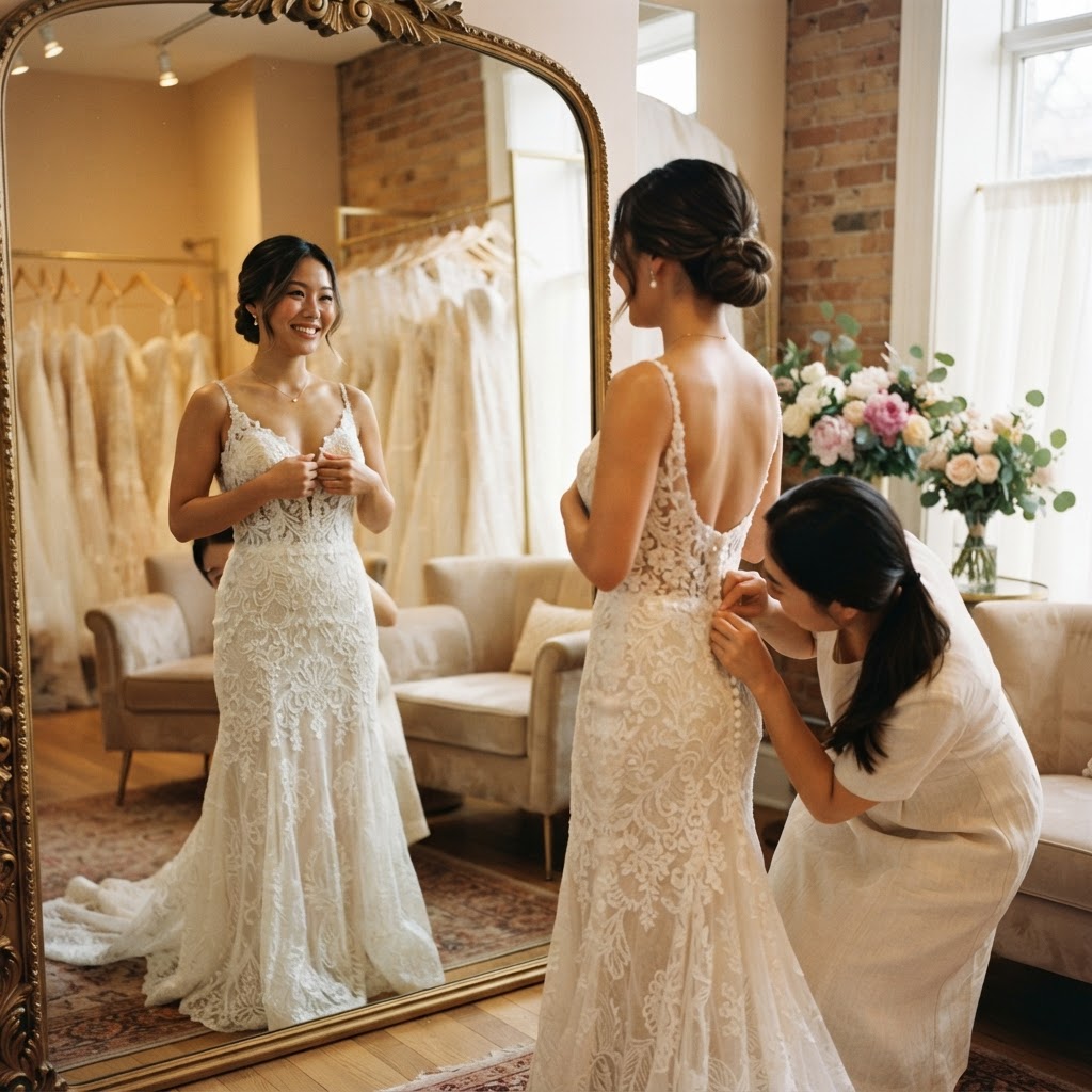 Stylist helping an Asian bride during a private fitting in an elegant boutique