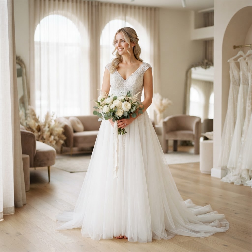 White bride in ethereal A-line wedding gown with delicate beadwork and flowing tulle