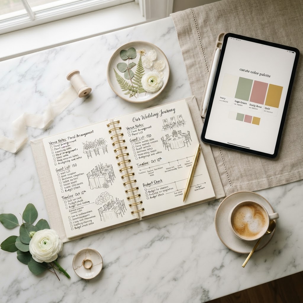 Wedding planning notebook and color swatches