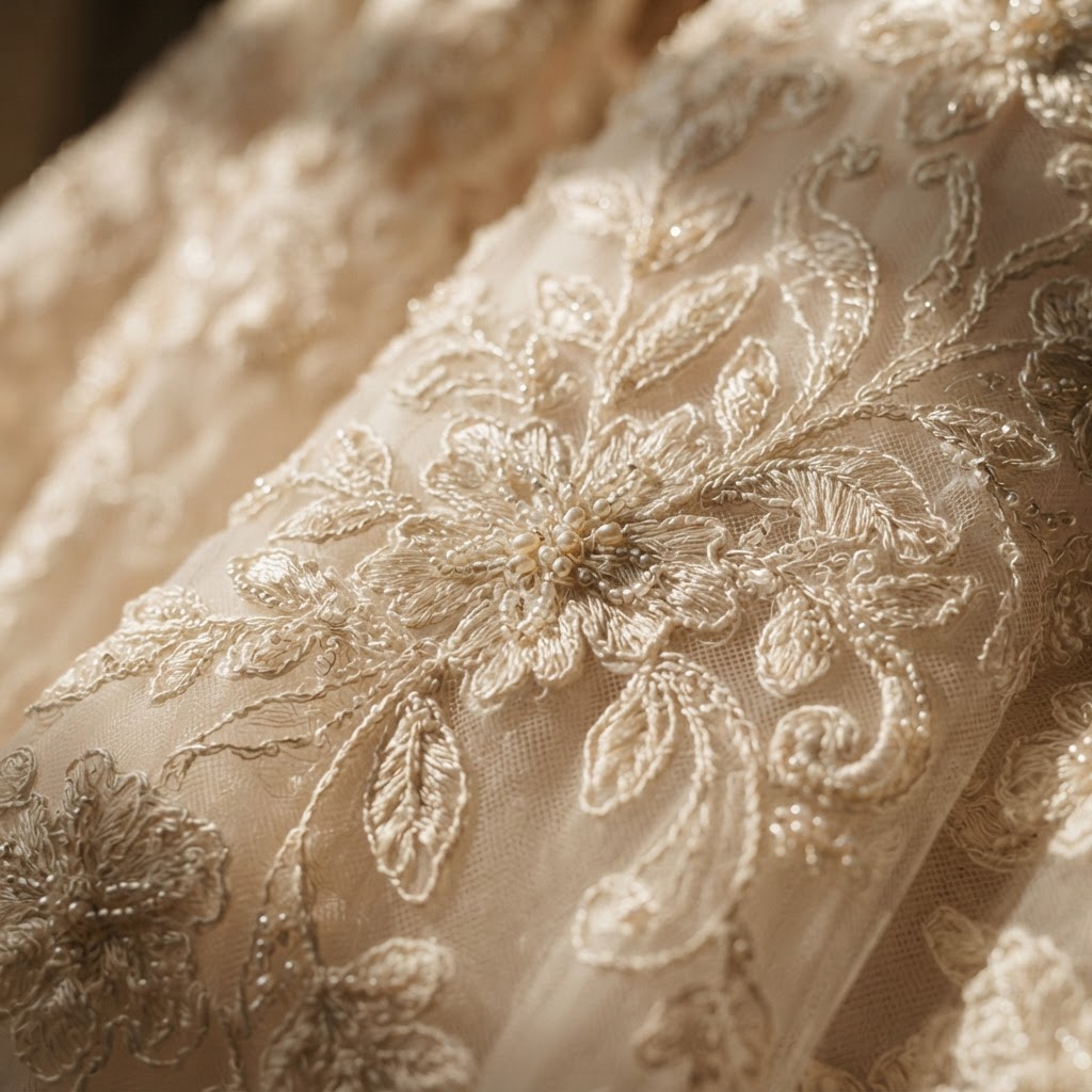 Extreme close-up of intricate bridal lace detailing with seed pearl beading