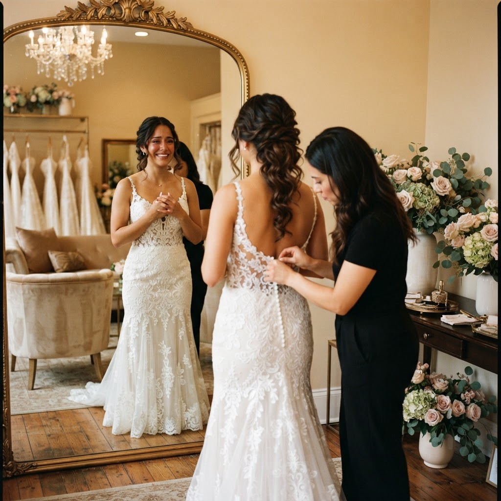 Latina bride during a private fitting in an elegant boutique with ornate mirror