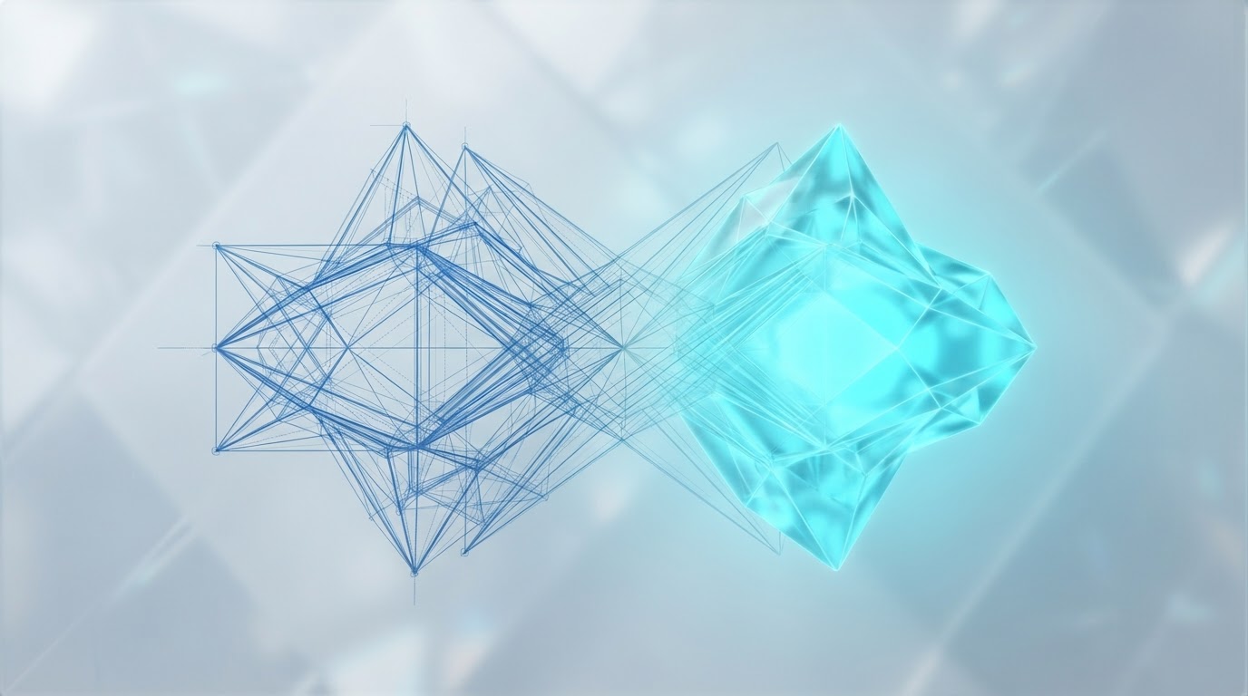 Visualização abstrata de blueprint tecnológico transformando-se em estrutura cristalina