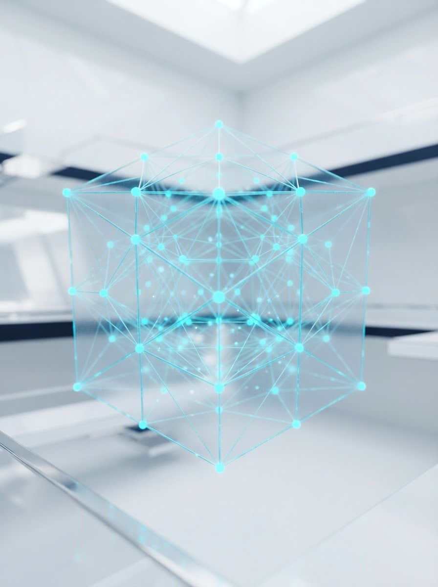 Visualização abstrata de rede de dados tecnológica com nós conectados em ciano
