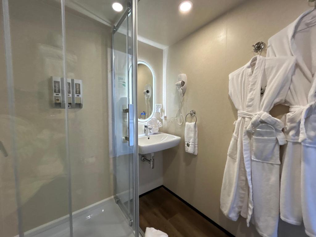 Bathroom shower and vanity inside a dome