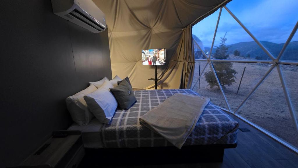 Bed and TV inside a dome with evening view