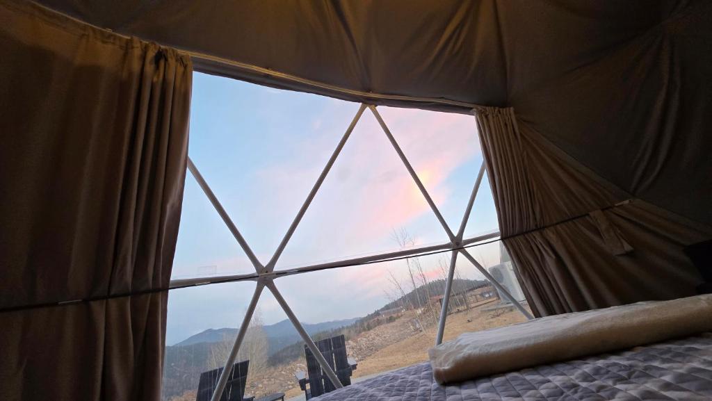 View from the bed through the dome window at twilight