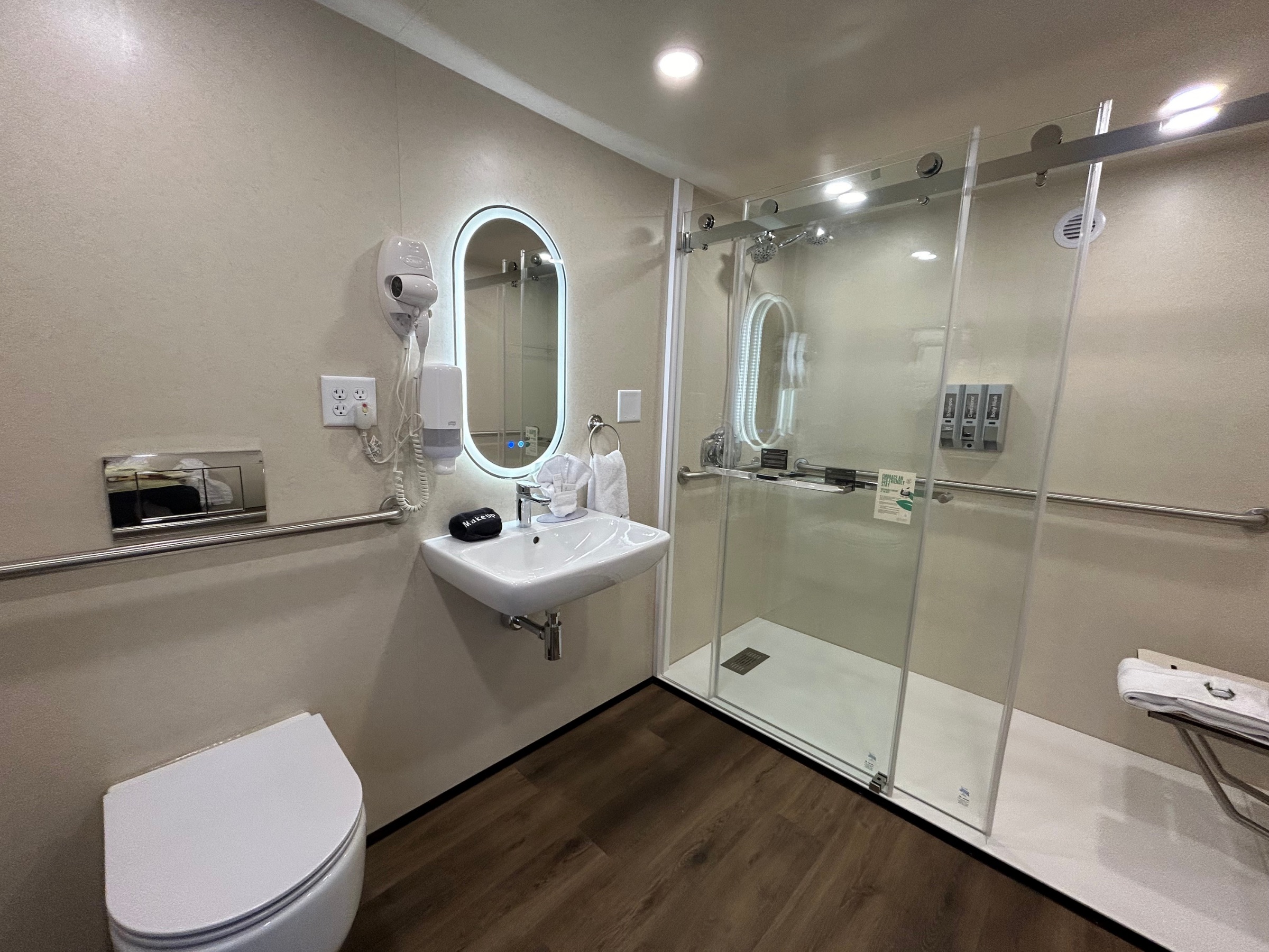 Accessible bathroom layout with grab bars and roll-in shower