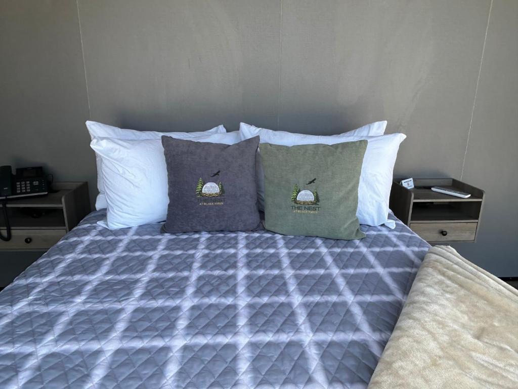 Branded accent pillows on the dome bed