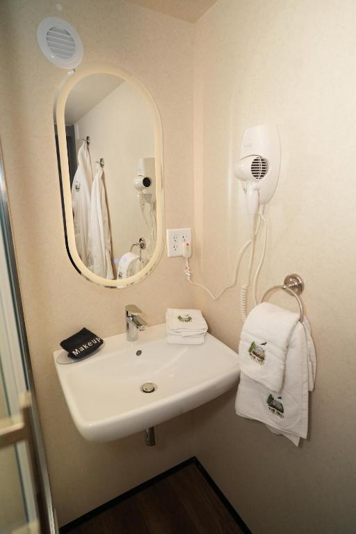 Vanity sink and mirror inside a dome bathroom