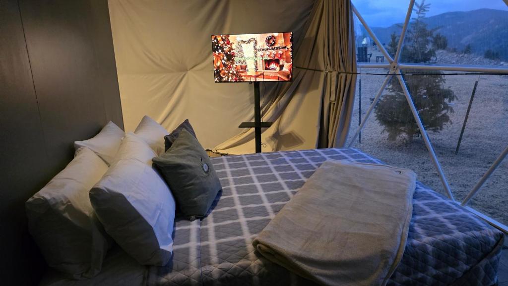Bed with mountain view through the dome window