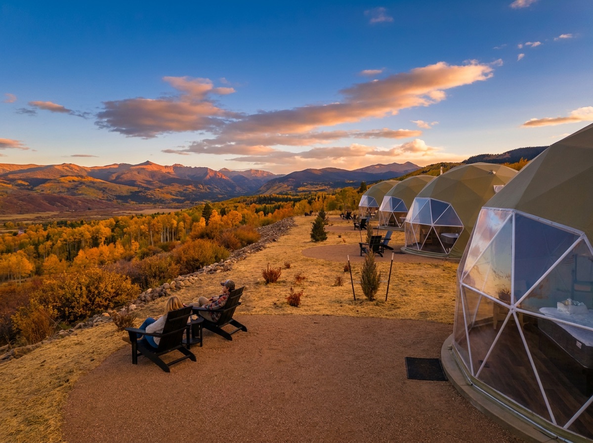 Guests enjoying the sunset from a dome patio at The Nest
