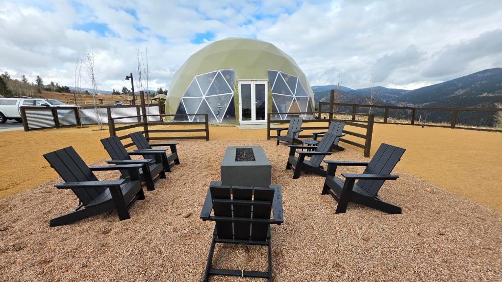 Fire pit patio in front of a dome
