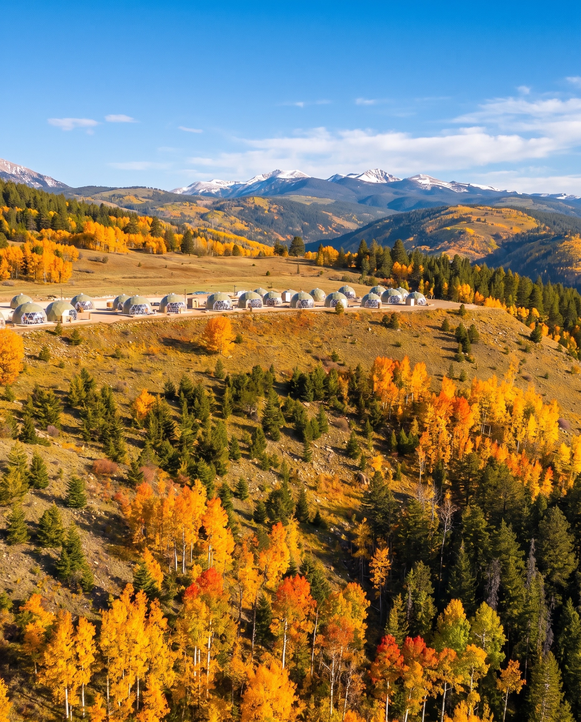 Aerial view of The Nest domes on the ridge surrounded by autumn foliage