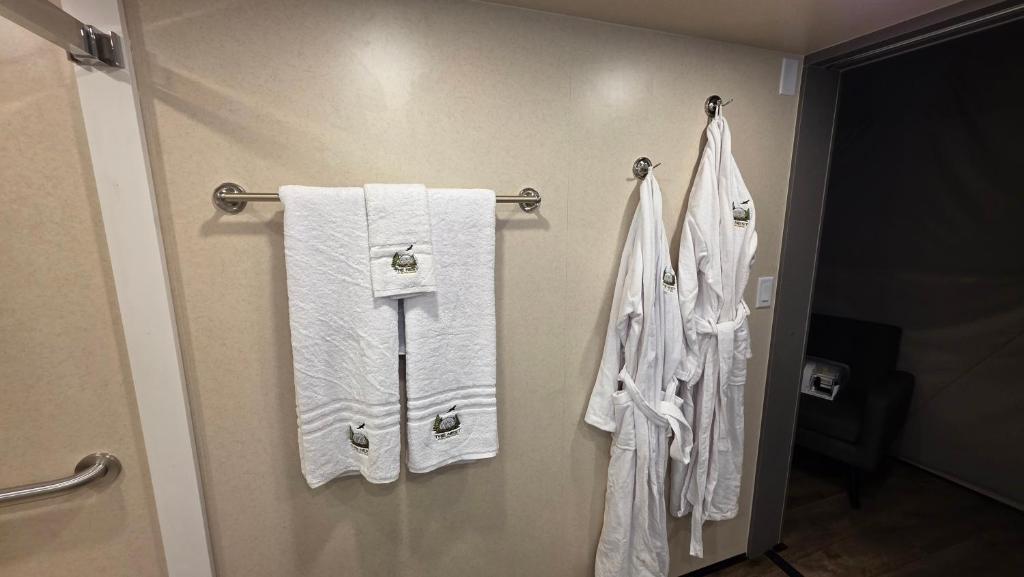 Branded towels and robes in a dome bathroom