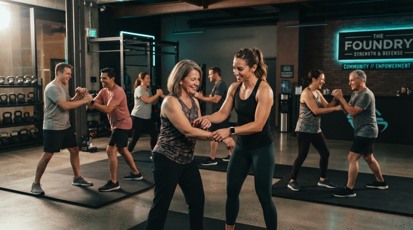 Diverse group of people training together in a supportive self-defence class