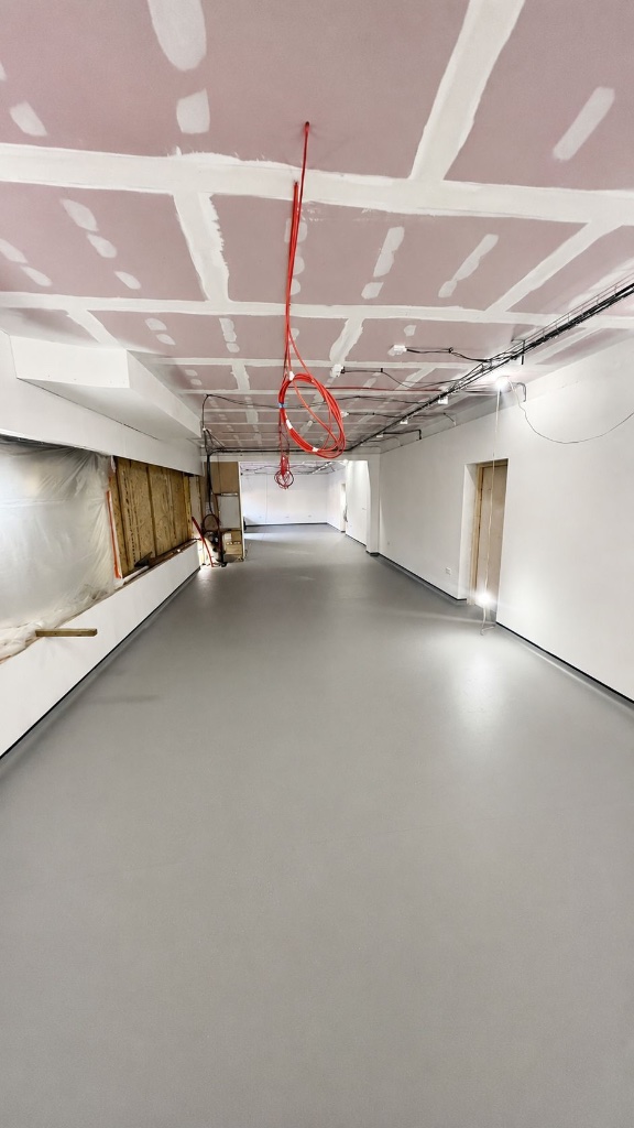 Seamless light grey vinyl flooring installed across a long room