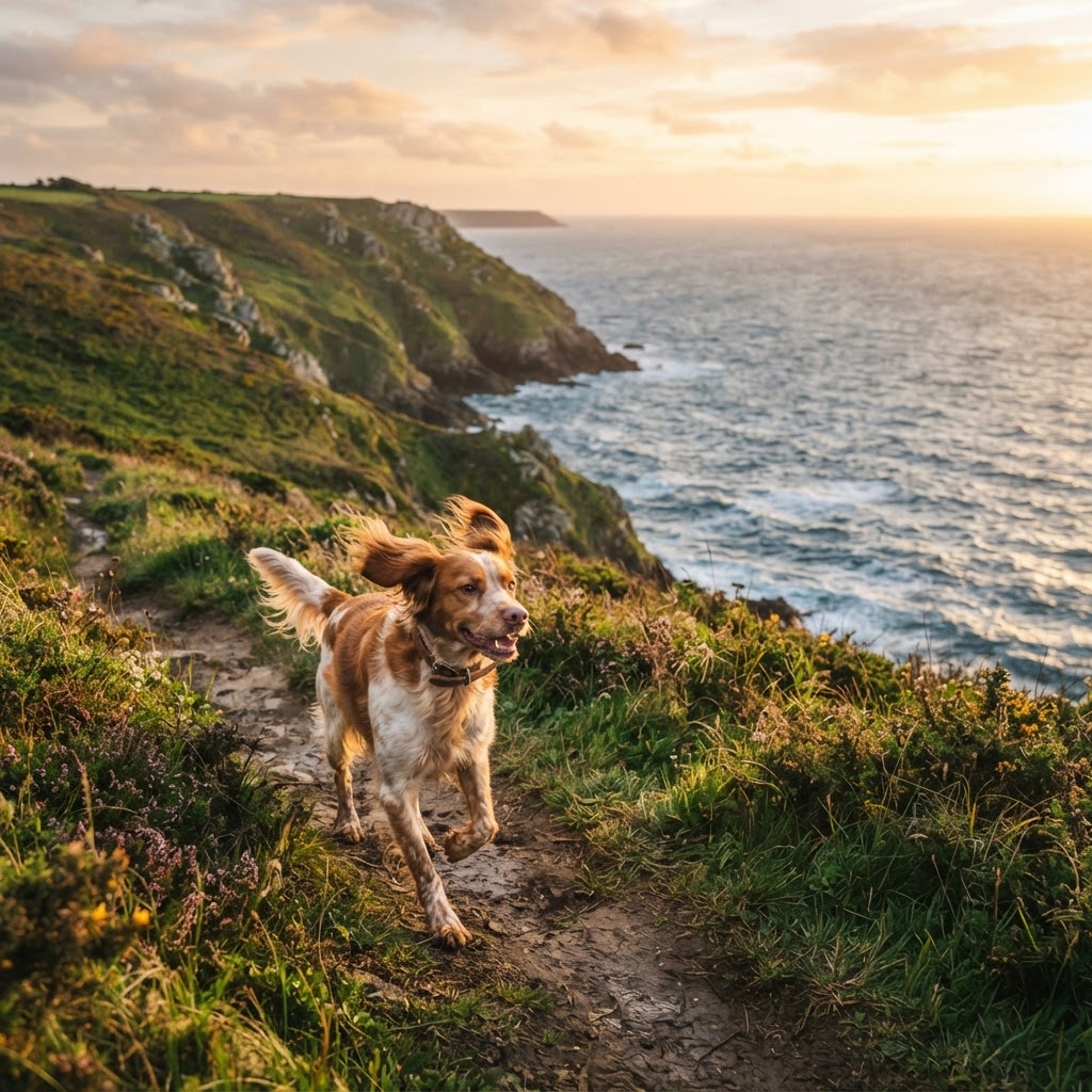 Chien breton joyeux sur un sentier côtier au lever du jour