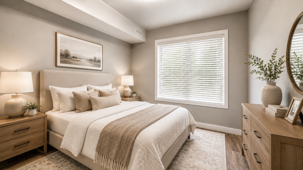 Spacious luxury condo living room with floor-to-ceiling windows and natural sunlight