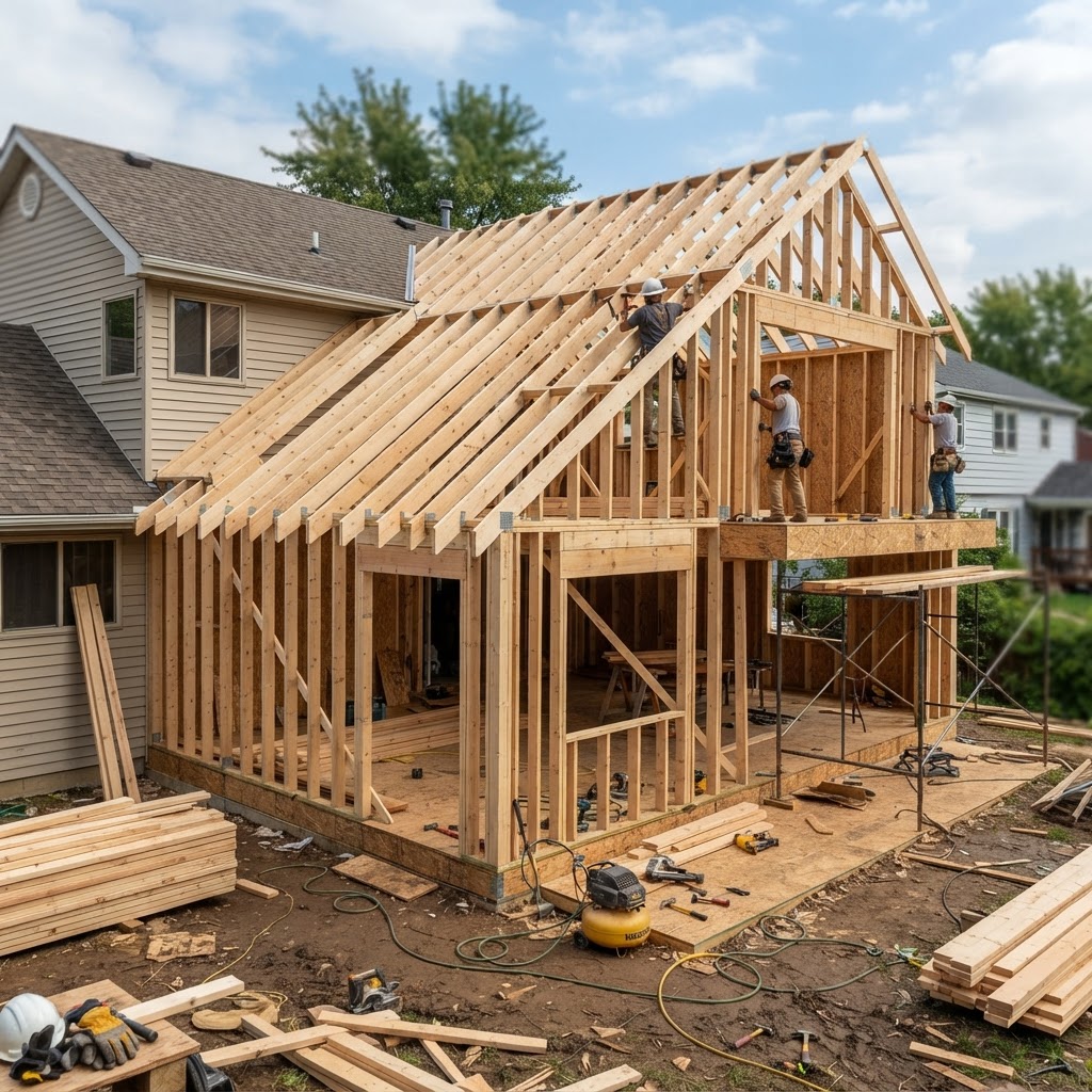Home addition framing tying new wood structure into an existing house