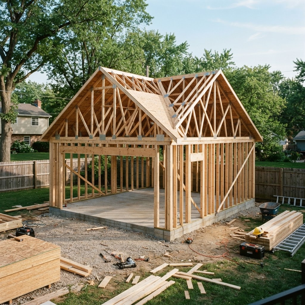 Detached garage wall studs and roof trusses framed and under construction