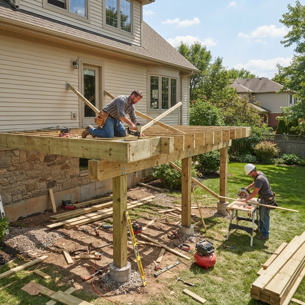 Backyard deck framing with joists, posts, and ledger under construction