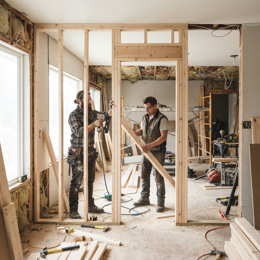 Interior renovation framing with new partition walls and a doorway opening