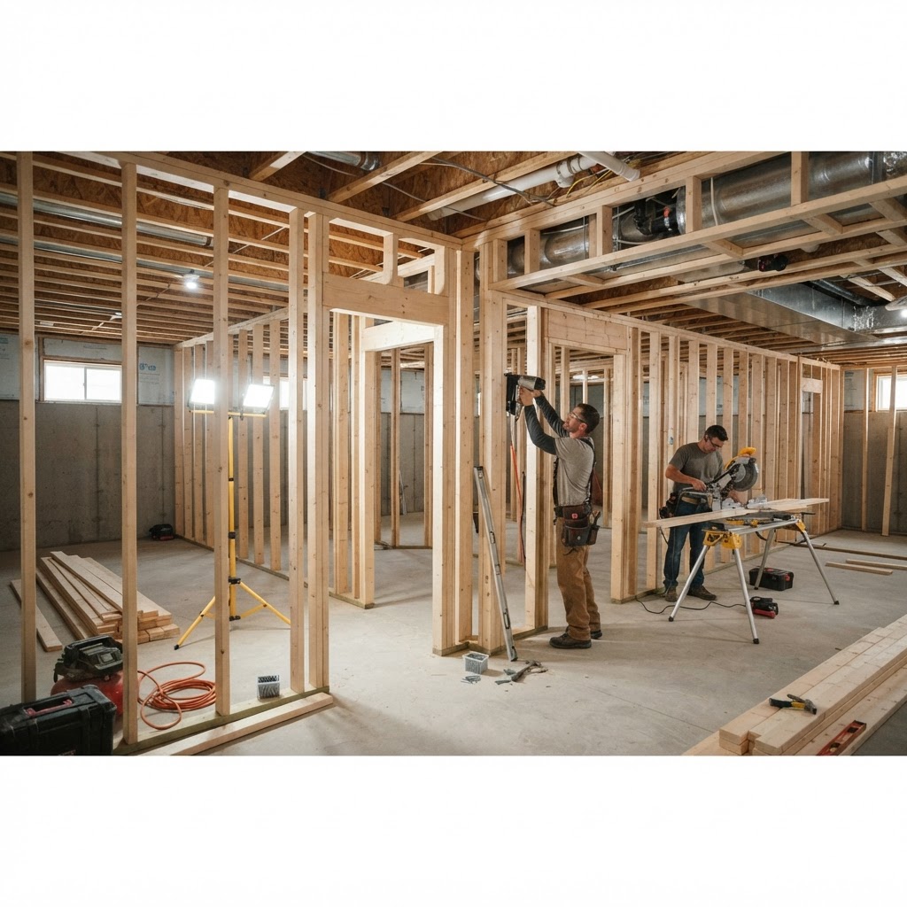 Basement partition walls and bulkheads framed square and plumb