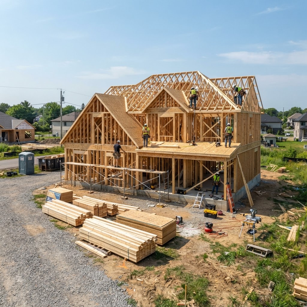 Custom home wood wall framing and roof trusses under construction in the GTA