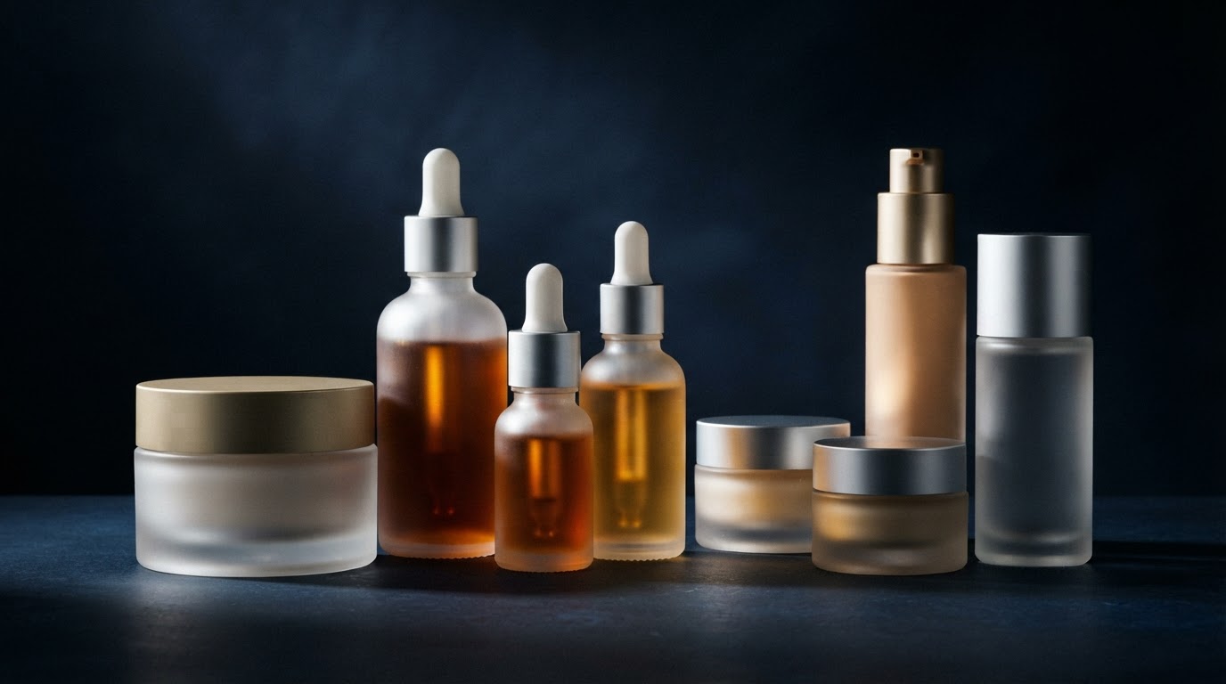 Various cosmetic bottles in frosted glass