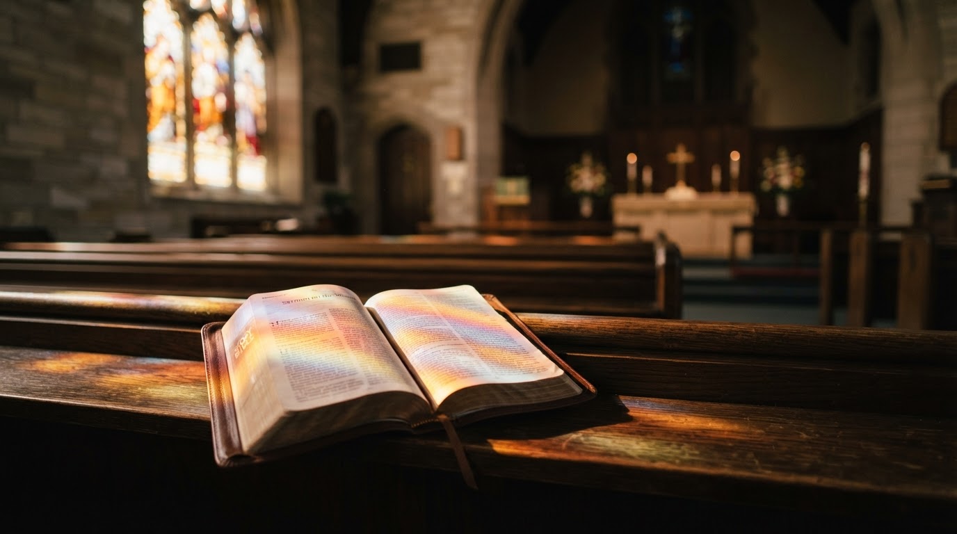 An open Bible on a church pew with warm morning light through stained glass