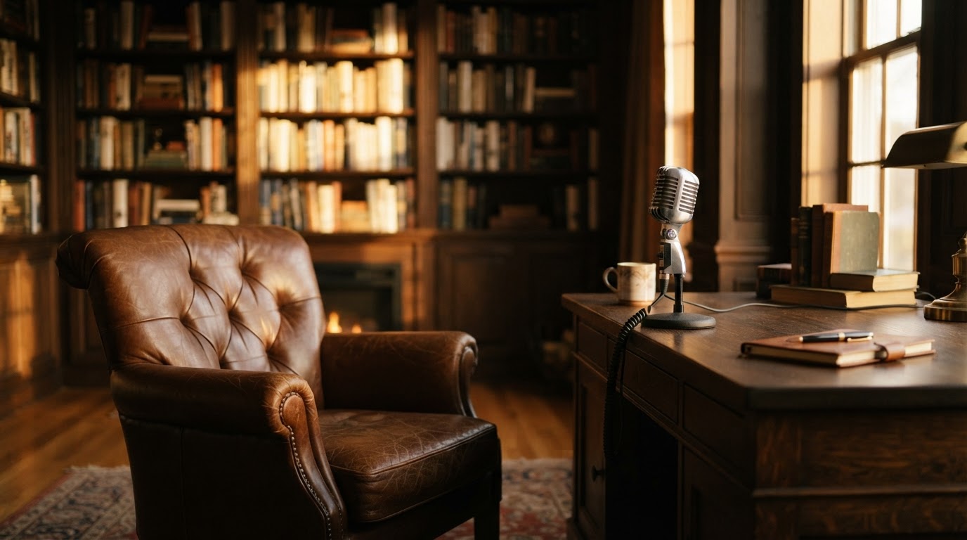 A vintage microphone on a wooden desk in a warm study