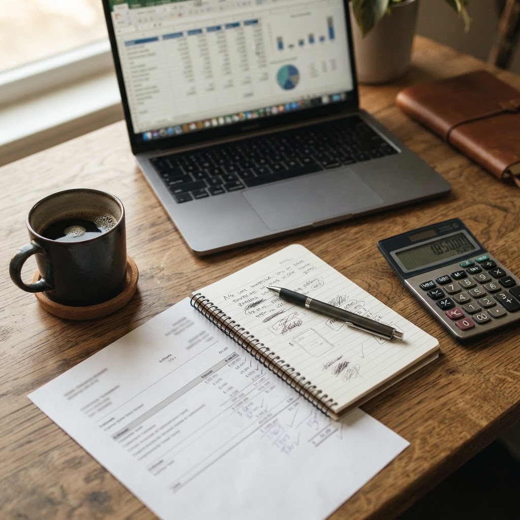 Contractor's desk with a calculator and pricing notes for markup vs margin