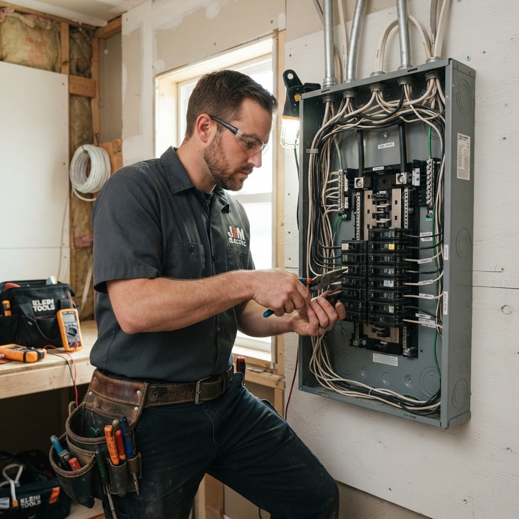 Electrician working on a commercial panel installation