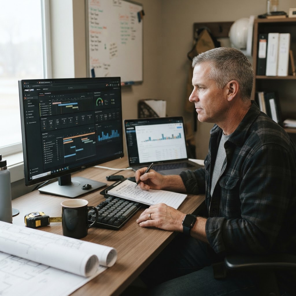 Contractor comparing two construction software dashboards side by side on a desk