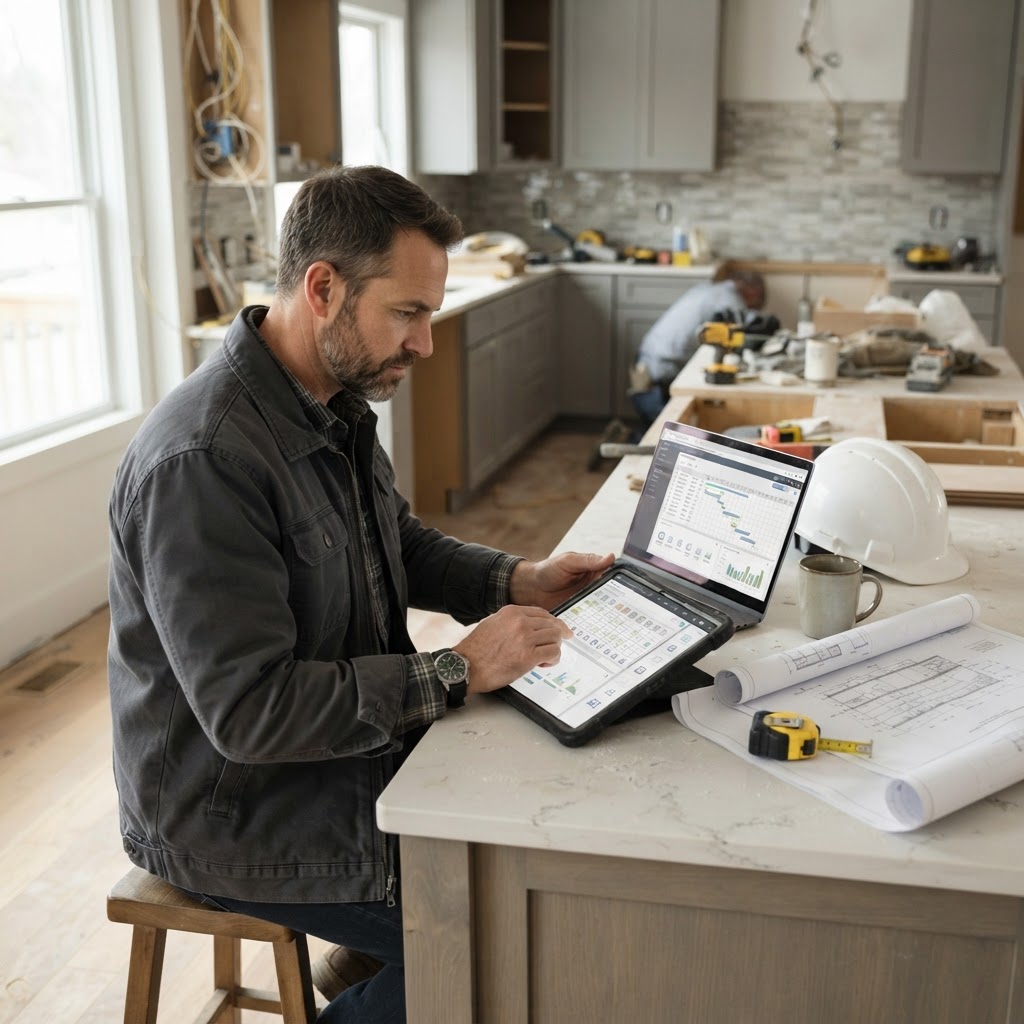 Contractor using construction management software on a tablet at a remodel jobsite