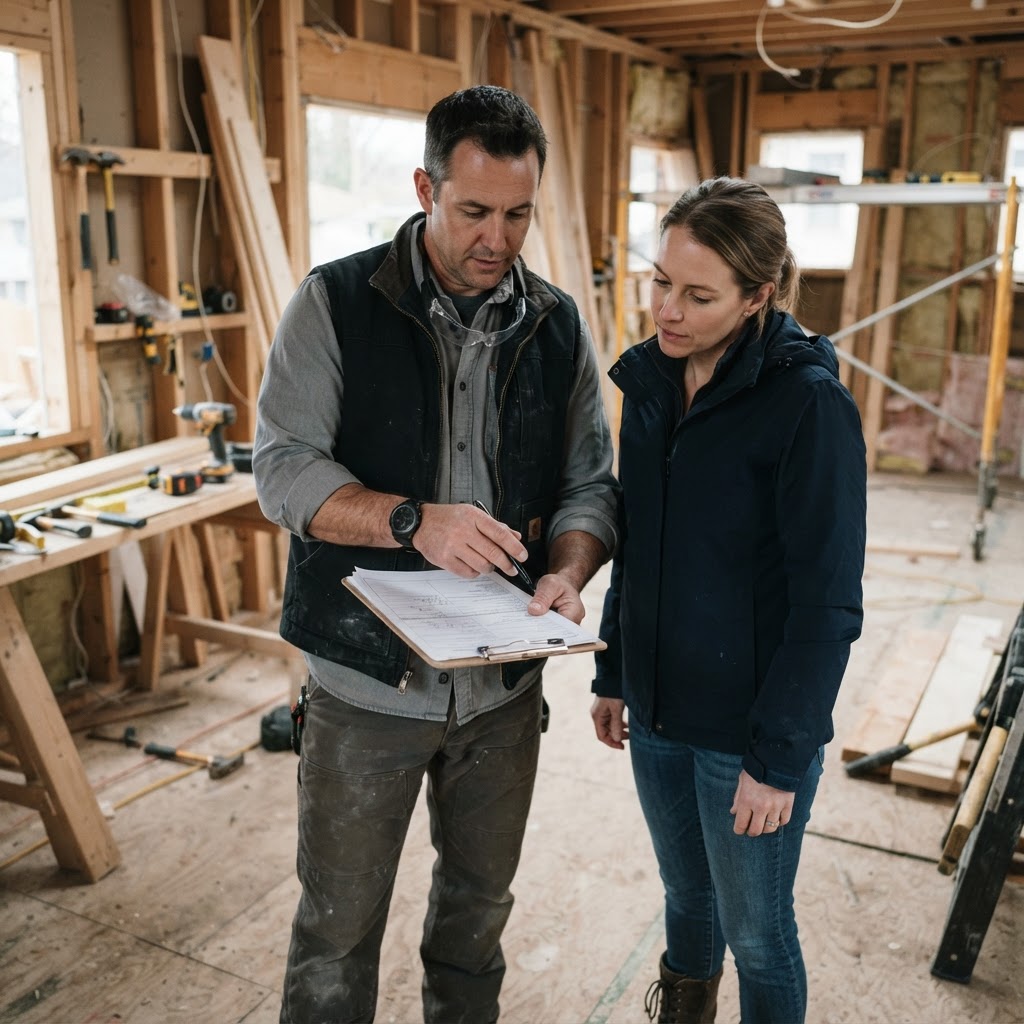 Contractor and homeowner reviewing a change order document on site