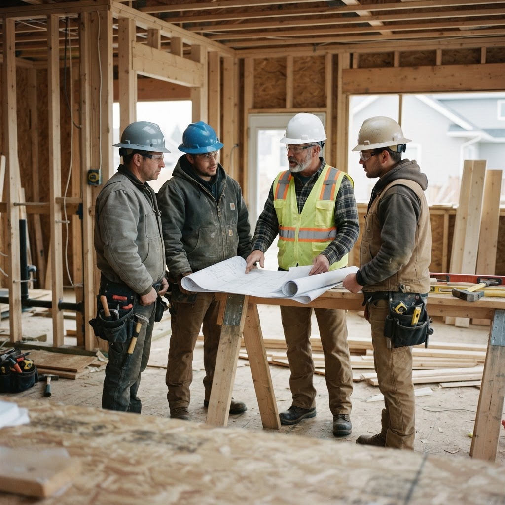 General contractor briefing subcontractors on a residential jobsite