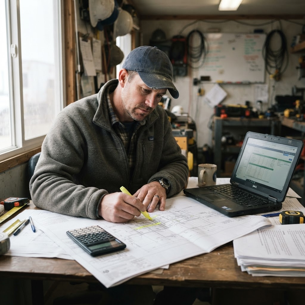 Contractor reviewing blueprints and a takeoff at a jobsite trailer desk
