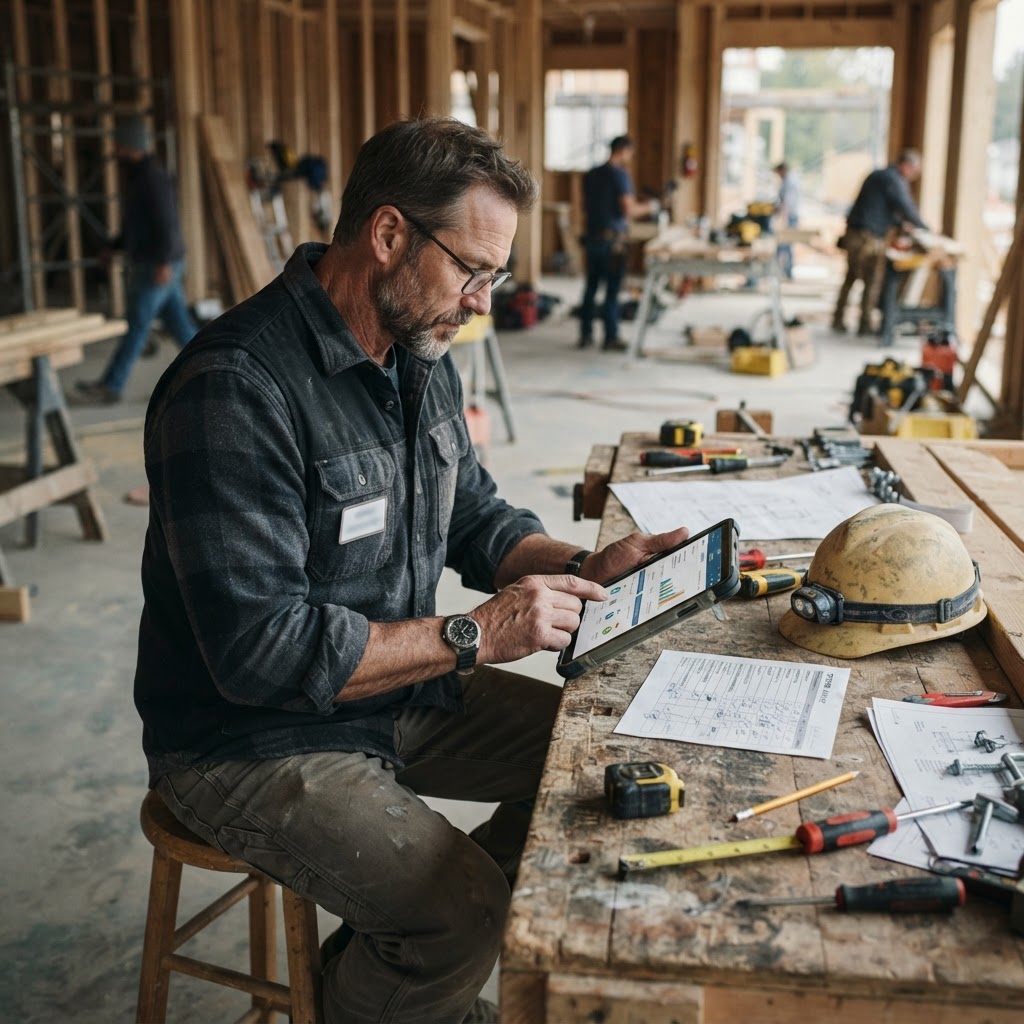 Contractor reviewing a construction software comparison on a tablet at a jobsite