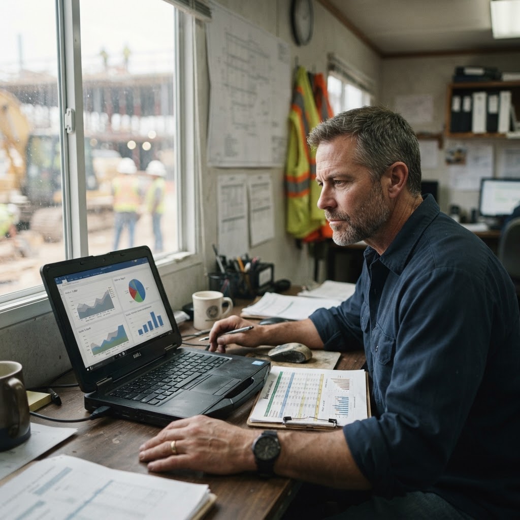 Contractor reviewing a project budget dashboard on a laptop in a job trailer