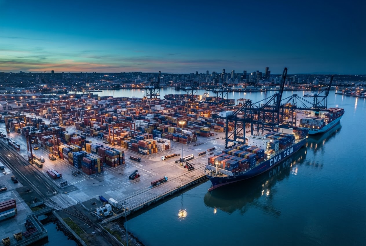 Global shipping terminal at blue hour