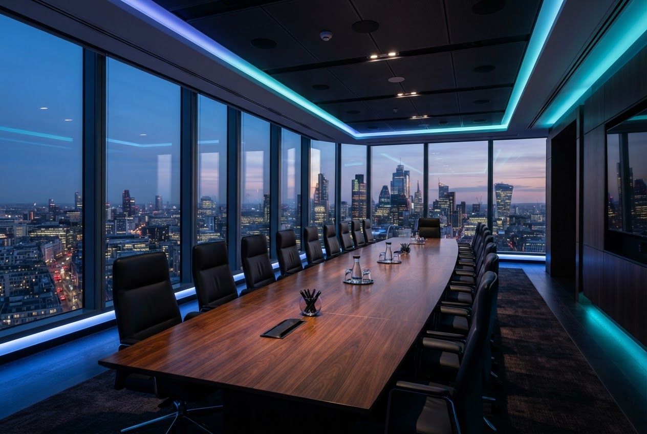 Executive boardroom overlooking a modern cityscape