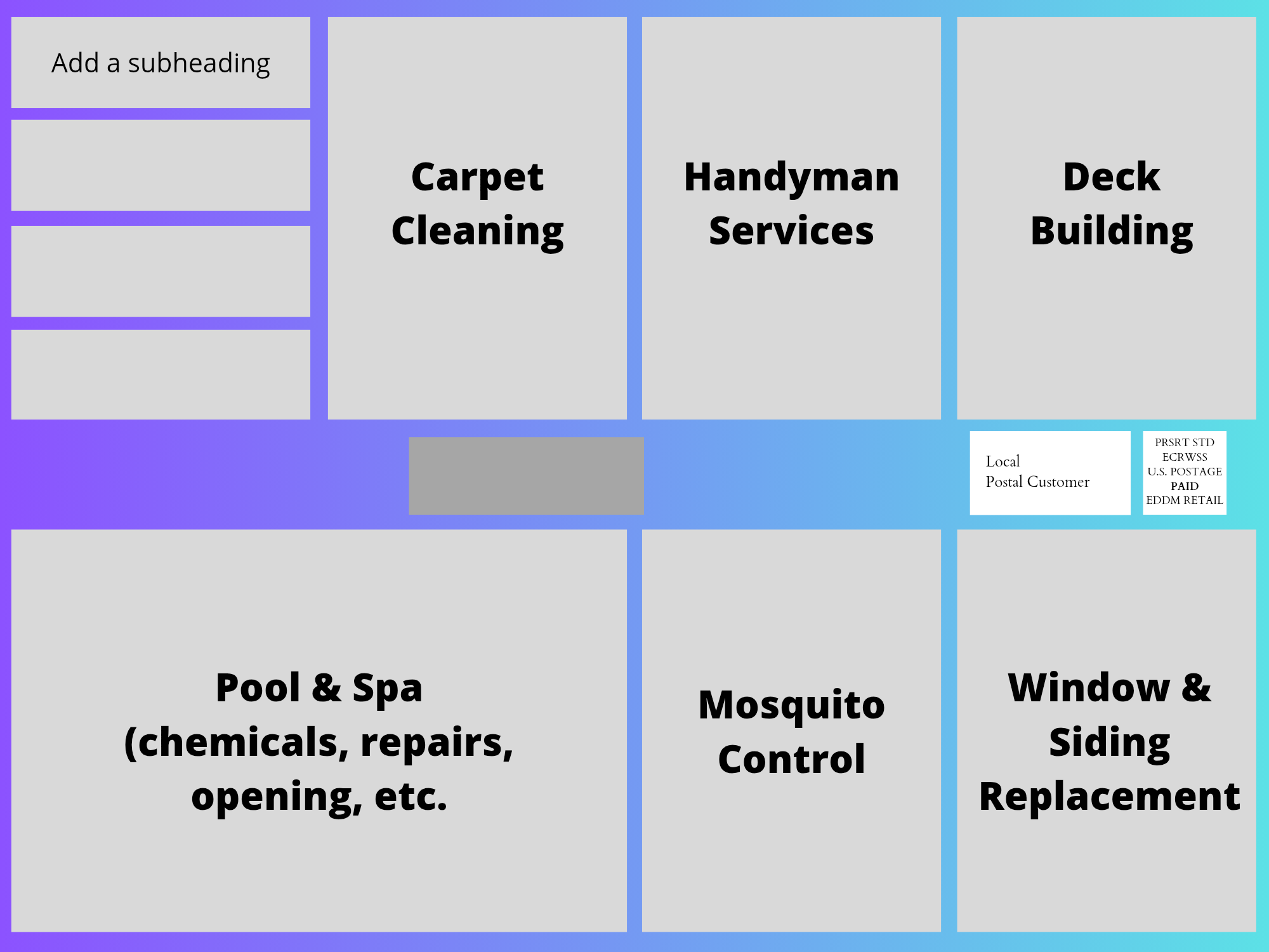 PROXENITI Community Postcard layout example showing six 1/8-page ad slots across local service categories